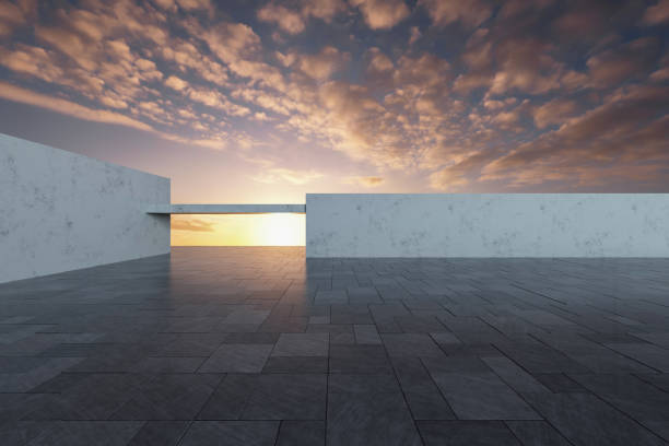 istock 3d render of futuristic architecture background with empty concrete floor, car presentation. 1401525688