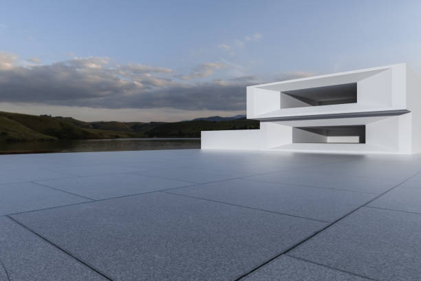 istock 3d render of futuristic architecture background with empty concrete floor, car presentation. 1401525691
