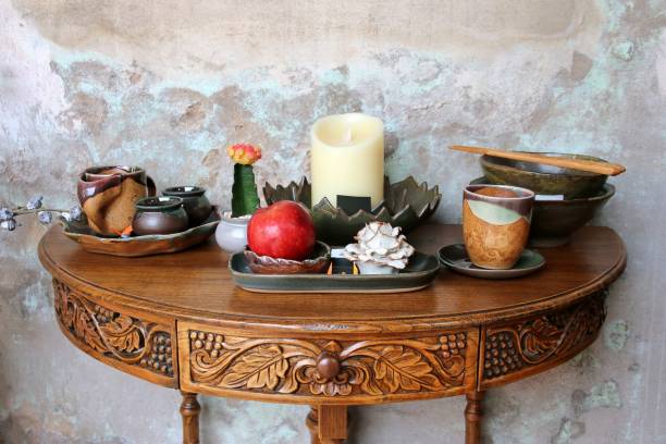 istock Carved table with earthenware glassware and crockery set. 1401526043