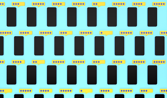 Mobile phones standing on blue background and rating stars in speech bubble.