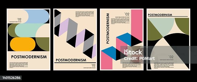 istock Artworks, posters inspired postmodern of vector abstract dynamic symbols with bold geometric shapes, useful for web background, poster art design, magazine front page, hi-tech print, cover artwork. 1401526286