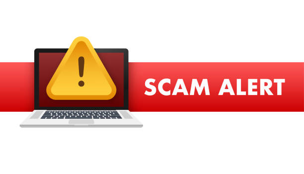 Banner with red scam alert. Attention sign. Cyber security icon. Caution warning sign sticker. Flat warning symbol. Vector stock illustration Banner with red scam alert. Attention sign. Cyber security icon. Caution warning sign sticker. Flat warning symbol. Vector stock illustration. hoax stock illustrations