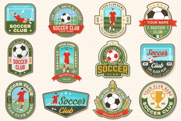 Vector illustration of Set of soccer club patch design. Vector illustration. For sport club sign, logo, label, sticker, patch with goalkeeper, gate and player silhouettes.