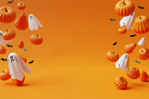 istock Border with Halloween pumpkins, bats and hosts on yellow background. 3d render 1401527804