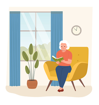 Elderly woman relaxing on chair reading book by the window. Vector flat illustration