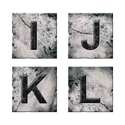 Set, letters I, J, K, and L. Alphabet on stone blocks. Isolated on white background. Education Design element