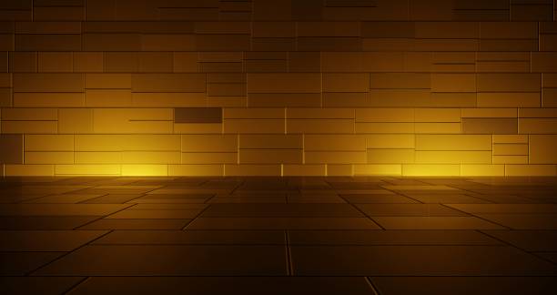 3d rendering of empty dark room abstract geometric background with orange light. Scene for advertising, technology, showroom, banner, game, sport, business, metaverse. Sci-Fi Illustration