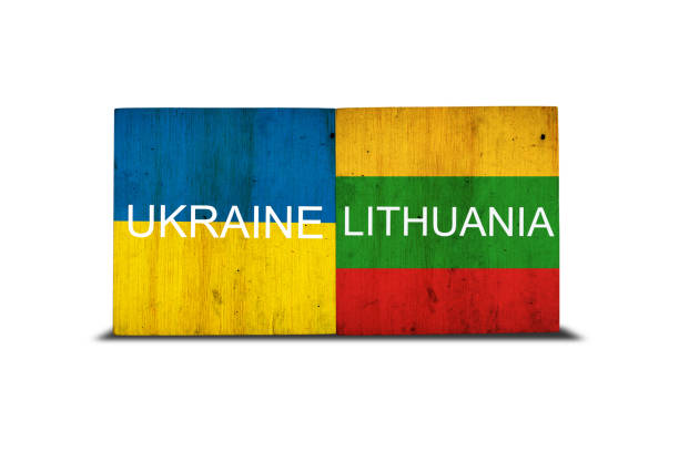 флаги украины и литвы на деревянных блоках. изолирован на белом фоне. содружество. поддержка. сотрудничество. политика. - canada investment dollar canadian flag стоковые фото и изображения