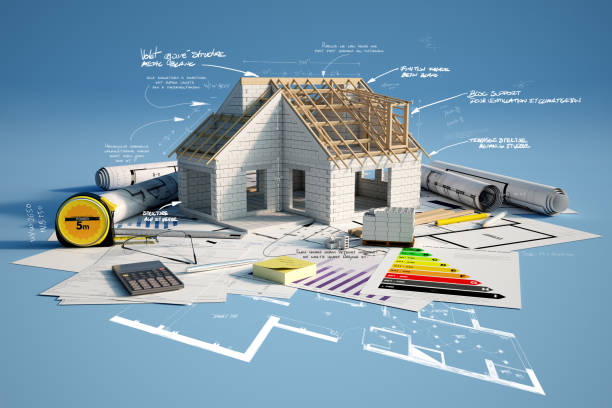 Construction industry 3D rendering of a house under construction with blueprints, energy efficiency charts, mortgage application form and scribbled technical details architectural model house stock pictures, royalty-free photos & images