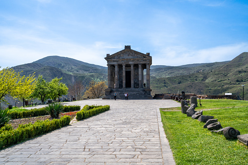 Garni, Armenia - April 26, 2022 - The pagan temple of Garni in Armenia, located near the village of Garni, was destroyed during the earthquake of 1679, rebuilt from ruins in Soviet times.