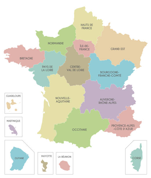 ilustraciones, imágenes clip art, dibujos animados e iconos de stock de mapa vectorial de francia con regiones y territorios y divisiones administrativas. capas editables y claramente etiquetadas. - territorios franceses de ultramar