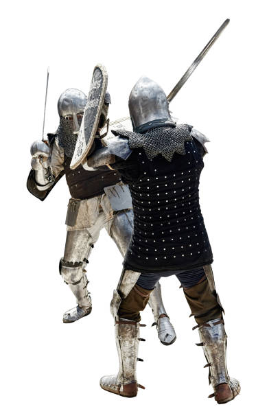 istock Two knights in steel armor with swords 1401531370