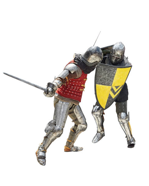 istock Two knights in steel armor and with swords 1401531414