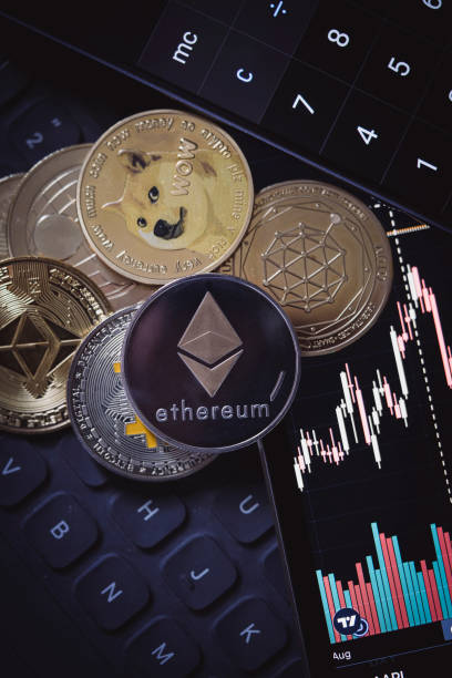 Various Cryptocurrencies with candle stick graph chart and digital background stock photo