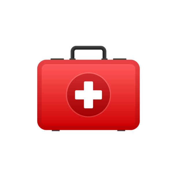 Cartoon icon with red first aid on white background for medical design. Flat vector illustration Cartoon icon with red first aid on white background for medical design. Flat vector illustration. priority baggage tag stock illustrations