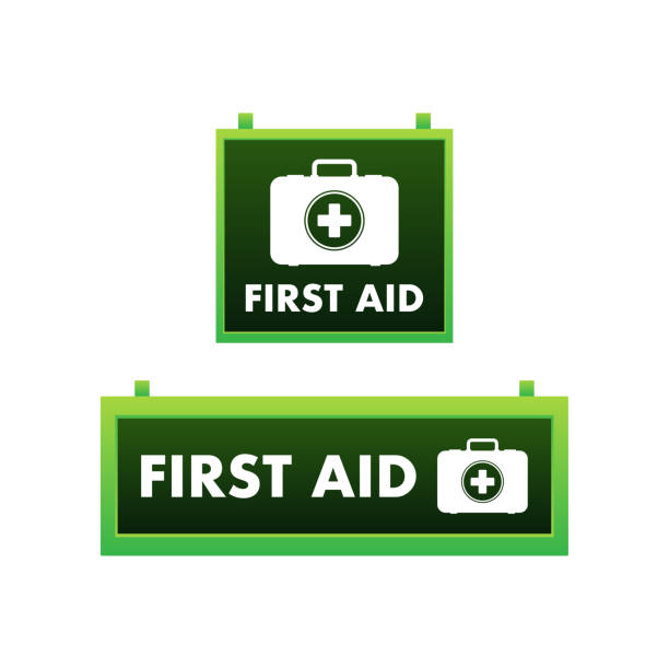 Cartoon icon with red first aid on white background for medical design. Flat vector illustration Cartoon icon with red first aid on white background for medical design. Flat vector illustration. priority baggage tag stock illustrations