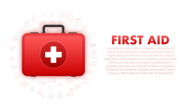 Cartoon icon with red first aid on white background for medical design. Flat vector illustration Cartoon icon with red first aid on white background for medical design. Flat vector illustration. priority baggage tag stock illustrations