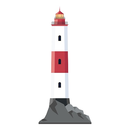 Lighthouse in white and red colors standing on rocky shore. Searchlight tower for maritime navigation guidance. Sea beacon for security and navigation. Coastline nautical building. Vector illustration