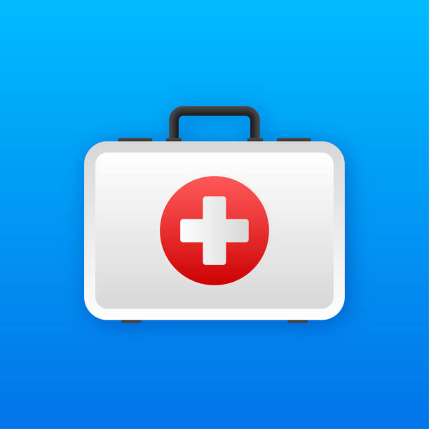Cartoon icon with red first aid on white background for medical design. Flat vector illustration Cartoon icon with red first aid on white background for medical design. Flat vector illustration. priority baggage tag stock illustrations