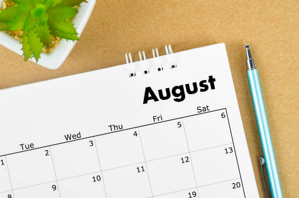 istock August 2022 desk calendar on brown background. 1401539693