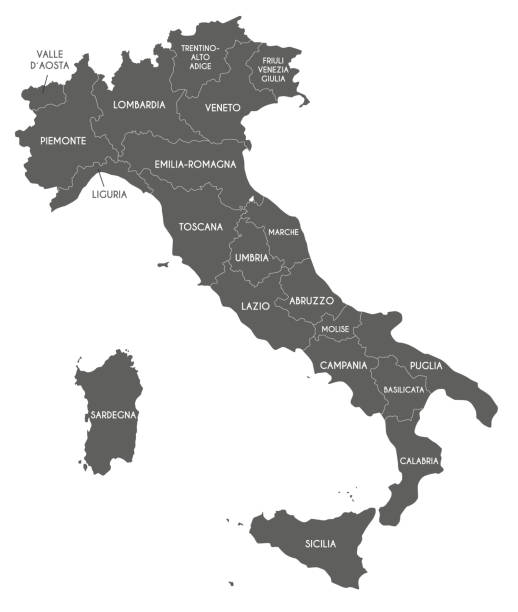 지역 및 행정 부서가있는 이탈리아의 벡터 맵. 편집 가능하고 명확하게 레이블이 지정된 레이어. - black and white mediterranean countries veneto italy stock illustrations