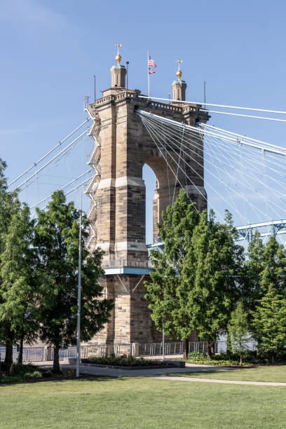 Roebling Suspension Bridge on the Ohio River. The Roebling Bridge connects Cincinnati and Kentucky. Cincinnati - Circa May 2022: Roebling Suspension Bridge on the Ohio River. The Roebling Bridge connects Cincinnati and Kentucky. hamilton ohio photos stock pictures, royalty-free photos & images