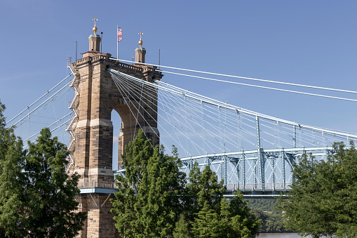 Cincinnati - Circa May 2022: Roebling Suspension Bridge on the Ohio River. The Roebling Bridge connects Cincinnati and Kentucky.