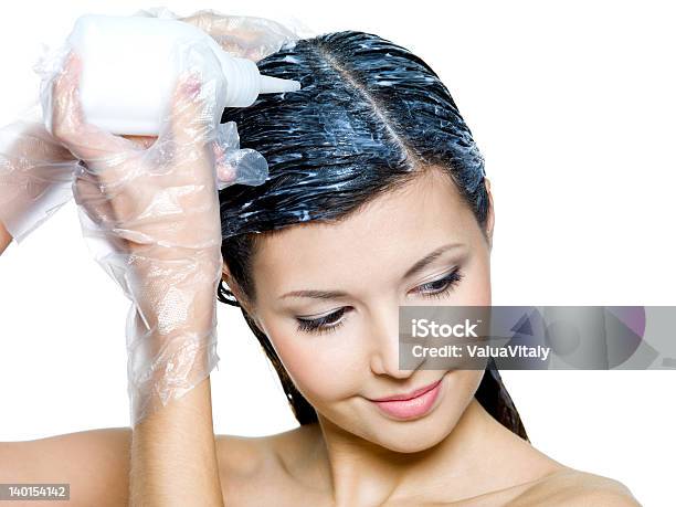 Woman Wearing Plastic Gloves Dying Hair Stock Photo - Download Image Now - Dye, Human Hair, Adult