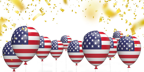 14th June - Flag Day or elections in the United States of America concept. US flag on balloons. 3D baloons and confetties for celebrations on white background.
