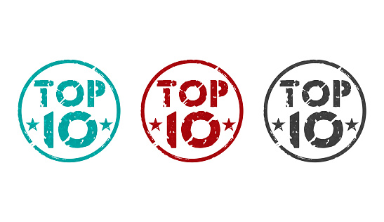 Top 10 stamp icons in few color versions. Bestseller and sale promotion rating symbol concept 3D rendering illustration.