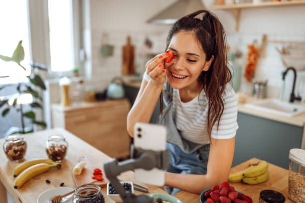 istock Young beautiful vegetarian food vlogger at work 1401541962