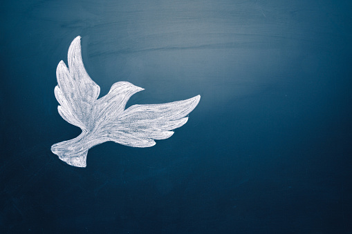 Flying dove. Chalk Hand drawn. Easter. The symbol of purity. Christian faith. Holy Spirit. Copy space. Hope concept.