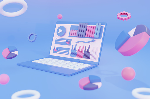 Computer laptop data analytics,marketing business strategy,analysis data and Investment,business finance reports,isometric infographic elements report market,concept website SEO PC Screen,3d rendering