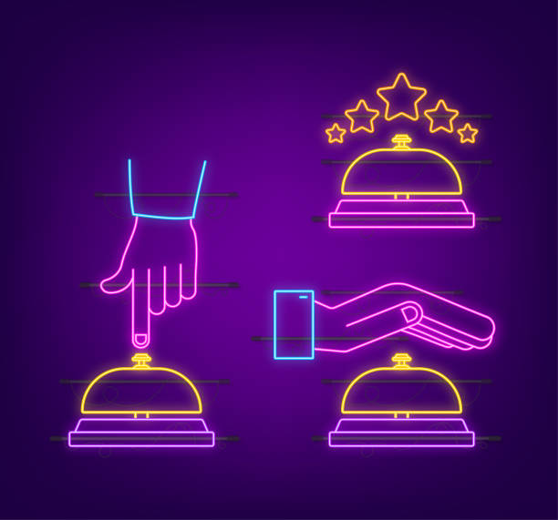 ilustrações, clipart, desenhos animados e ícones de ícone de ouro realista do sino de recepção no cenário branco. ícone neon. ajuda do cliente - service bell welcome sign computer icon hotel