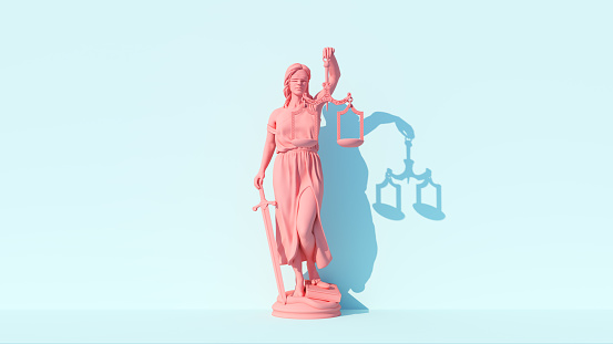 Pink Lady Justice Statue Personification of the Judicial System Traditional Protection and Balance Moral Force for Good and Lawfare Pastel Blue Background 3d illustration render