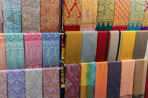 Colorful fabrics in Dubai souks, United Arab Emirates