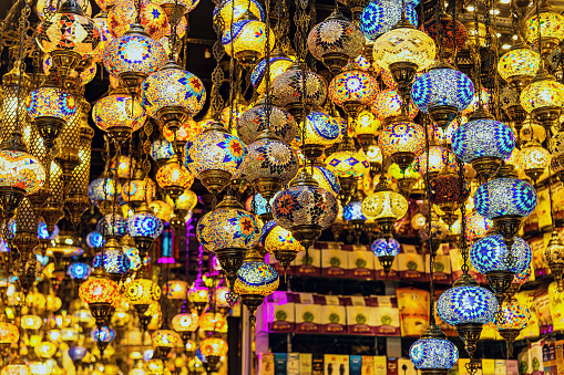 Traditional turkish chandeliers for sale at the bazaar of old Dubai, UAE