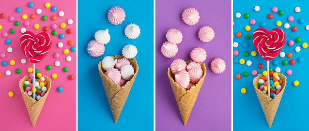 Collage of ice cream cone with meringue and candy on the colored background. Close-up.