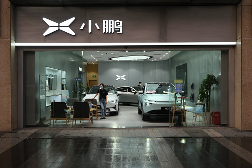 Shanghai,China-June 5th 2022: facade of Xpeng electric car store. Chinese EV brand.