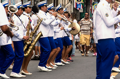 Salvador, Bahia, Brazil - July 02, 2015: Musicians are seen during the Bahia independence parade in Lapinha neighborhood in Salvador.