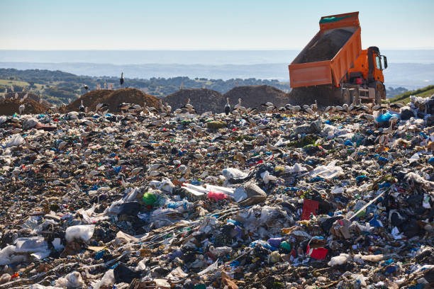 istock Truck unloading soil at a landfill site. Global warming. Waste 1401548764