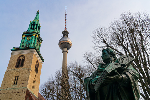 Berlin Television Tower, St Marienkirche Church and Statue of Martin Luther, Berlin, Germany