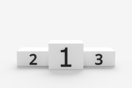 Close-up of the podium with prize numbers on a white background. 3d render illustration.