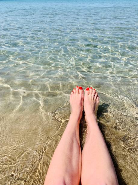 istock Female feet in the sea on sandy beach. Copy space 1401553666