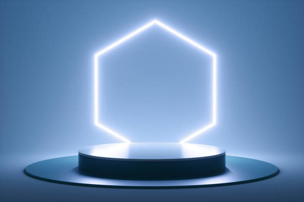 istock Abstract podium from neon futuristic hexagon. 3d render illustration. 1401553760