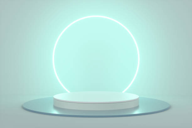 istock Abstract neon circle podium on green background. 3d render illustration 1401553977