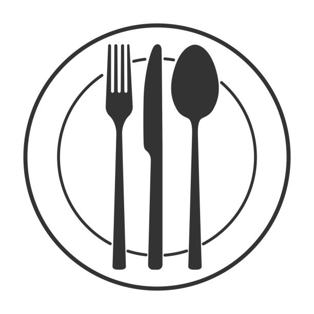 тарелка, нож, вилка и ложка изолированы на белом фоне, значок меню - fork table knife silverware spoon stock illustrations