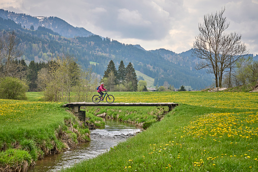 pretty senior woman riding her electric mountain bike in springtime in the Allgau mountains near Oberstaufen, with blooming spring flowers in the Foreground, Bavaria, Germany
