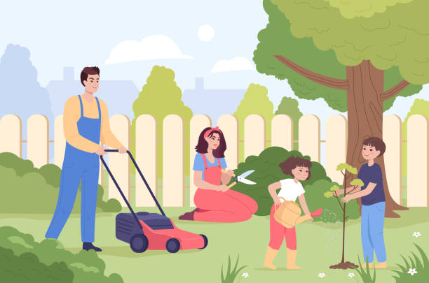 Married couple with children working in garden or yard Married couple with children working in garden or yard. Woman trimming bushes, children planting and watering trees, man cutting grass flat vector illustration. Family, gardening, agriculture concept cartoon of the lawn care stock illustrations