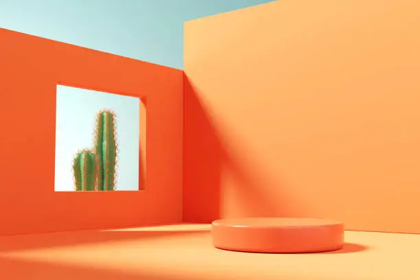 Photo of Summer tropical background, Orange Podium with cactus, Mock up for the exhibitions, Presentation of products.